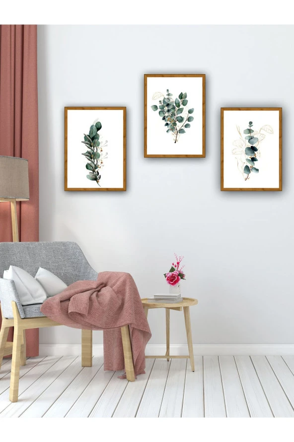YALOVA SHOP Dekoratif Okaliptüs Dalları 3 lü Tablo Seti (Ahşap ceviz görünümlü çerçeve baskılı) 20 x 30 cm - 5