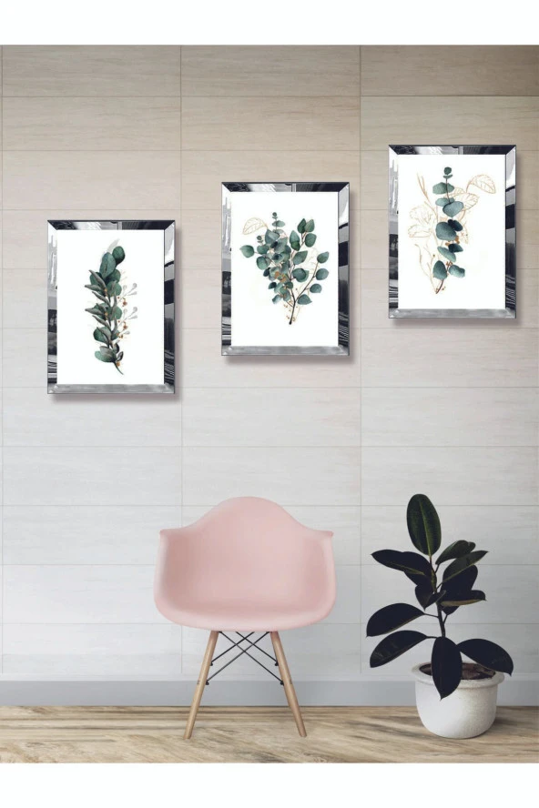 YALOVA SHOP Modern Sanatsal Dijital UV Baskı Gümüş Ayna Pleksi Çerçeveli 3'lü Yeşil Çiçek Tablo Seti ürün görseli 1