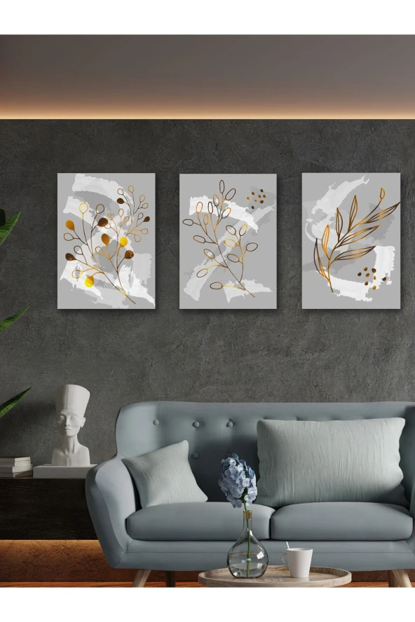 YALOVA SHOP Fırça İzlerine Minimalist Gold Bitki Dokunuşları Dekoratif 3 lü Tablo Seti