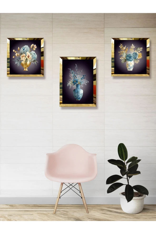 YALOVA SHOP Dekoratif Suluboya Vazolu Çiçek Çalışması,3 lü Tablo Seti (Pleksi Çerçeve Seçenekli) - Resim 4