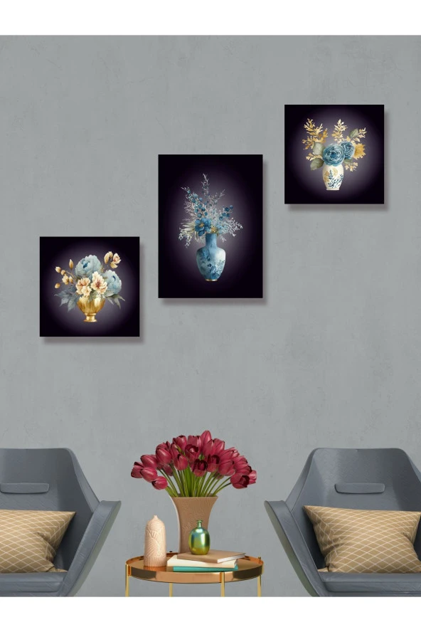 YALOVA SHOP Dekoratif Suluboya Vazolu Çiçek Çalışması,3 lü Tablo Seti (Pleksi Çerçeve Seçenekli) - 3