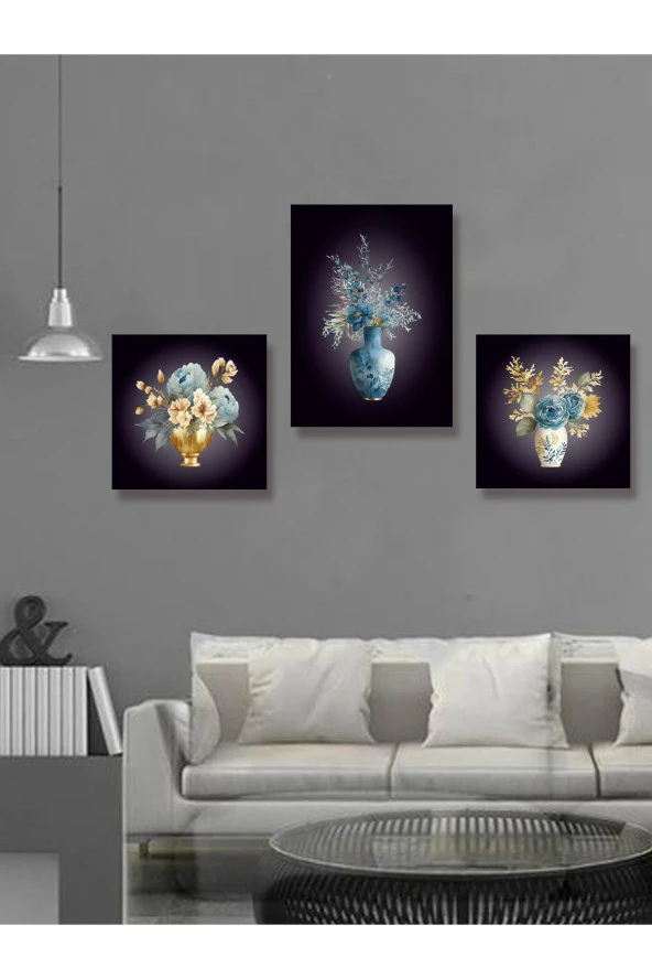YALOVA SHOP Dekoratif Suluboya Vazolu Çiçek Çalışması,3 lü Tablo Seti (Pleksi Çerçeve Seçenekli) - 5