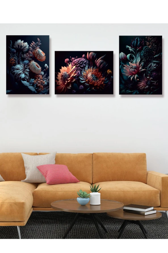 YALOVA SHOP Dekoratif Karanlığa Doğan Çiçekler 3 lü Tablo Seti Gothic Sanat Tarzı - Resim 4
