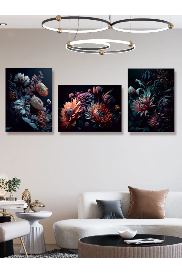 YALOVA SHOP Dekoratif Karanlığa Doğan Çiçekler 3 lü Tablo Seti Gothic Sanat Tarzı - Resim 5