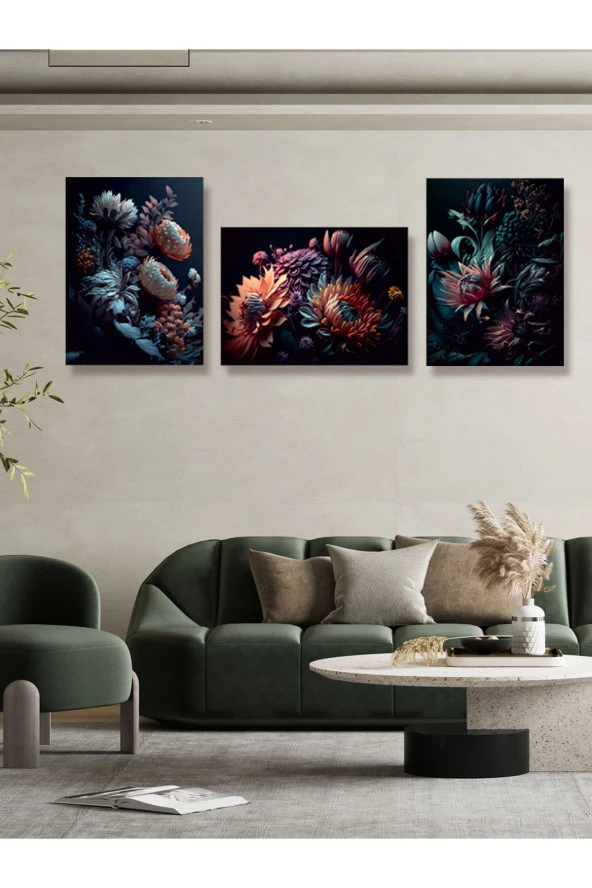 YALOVA SHOP Dekoratif Karanlığa Doğan Çiçekler 3 lü Tablo Seti Gothic Sanat Tarzı - Resim 6
