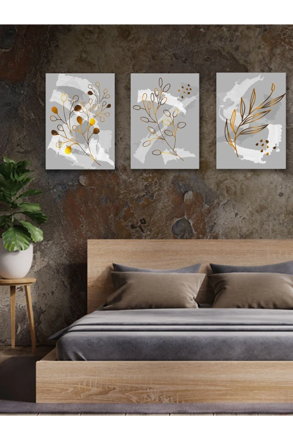 YALOVA SHOP Fırça İzlerine Minimalist Gold Bitki Dokunuşları Dekoratif 3 lü Tablo Seti - Resim 4