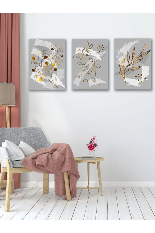 YALOVA SHOP Fırça İzlerine Minimalist Gold Bitki Dokunuşları Dekoratif 3 lü Tablo Seti - Resim 5