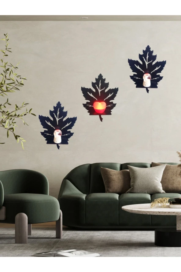 GİZEM SHOP 3'lü Ahşap Çınar Yaprağı Mumluk Duvar Dekoru Aplik Tablo Obje Duvar Süsü - 2