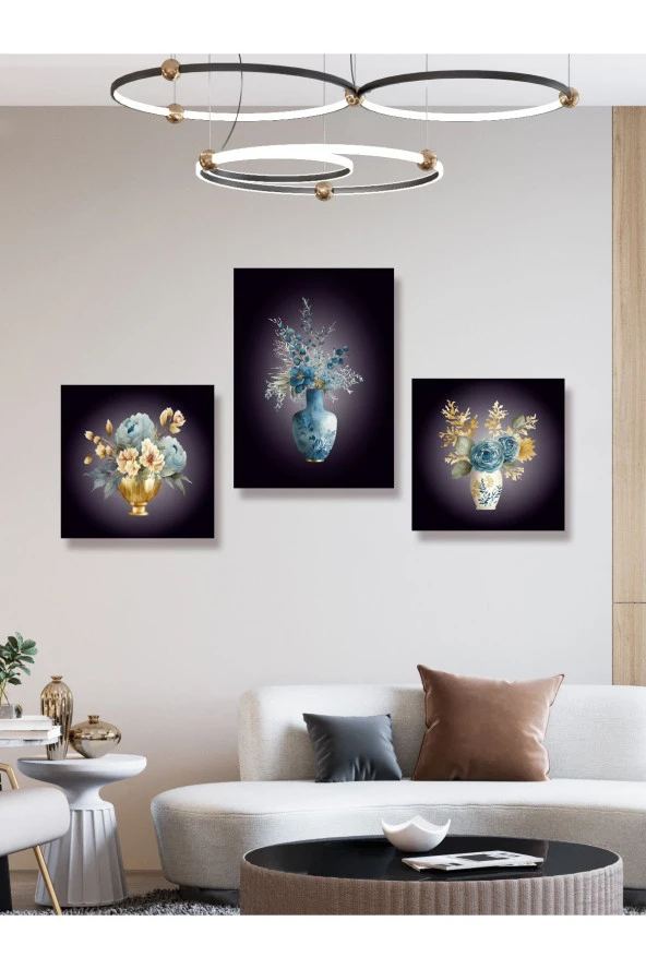 YALOVA SHOP Dekoratif Suluboya Vazolu Çiçek Çalışması,3 lü Tablo Seti (Pleksi Çerçeve Seçenekli) - 2