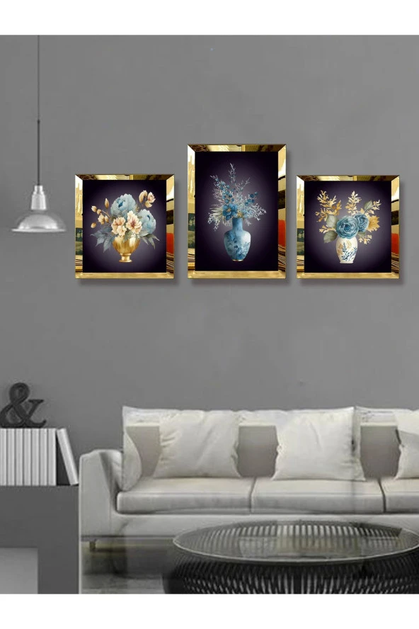 YALOVA SHOP Dekoratif Suluboya Vazolu Çiçek Çalışması,3 lü Tablo Seti (Pleksi Çerçeve Seçenekli) - Resim 2
