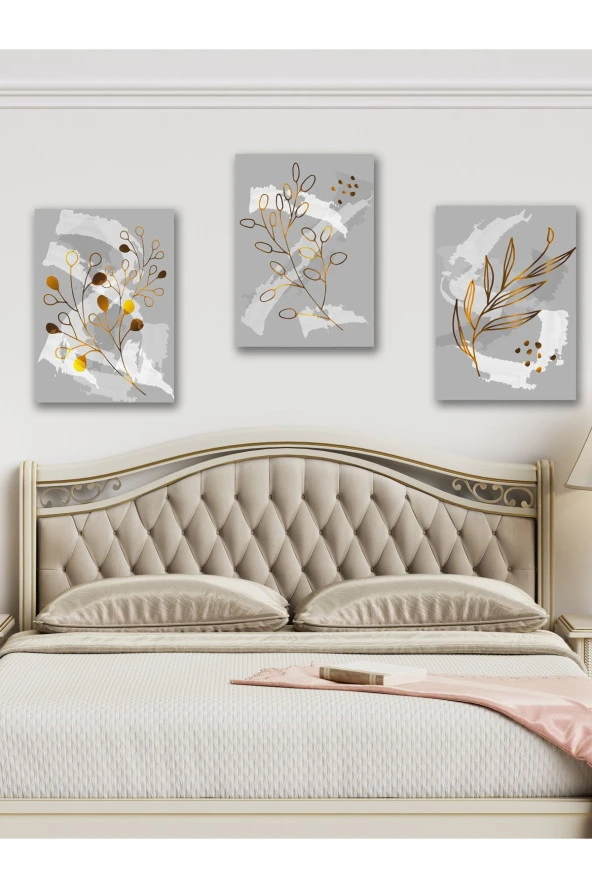 YALOVA SHOP Fırça İzlerine Minimalist Gold Bitki Dokunuşları Dekoratif 3 lü Tablo Seti - Resim 2