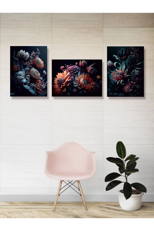 YALOVA SHOP Dekoratif Karanlığa Doğan Çiçekler 3 lü Tablo Seti Gothic Sanat Tarzı - Resim 2