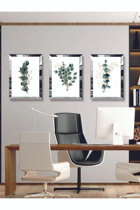 YALOVA SHOP Modern Sanatsal Dijital UV Baskı Gümüş Ayna Pleksi Çerçeveli 3'lü Yeşil Çiçek Tablo Seti - Resim 2