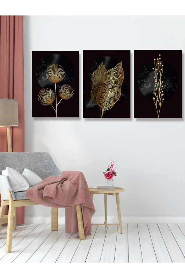 YALOVA SHOP Karanlığı Aydınlatan Minimalist Gold Botanik Tablo Seti - Resim 4