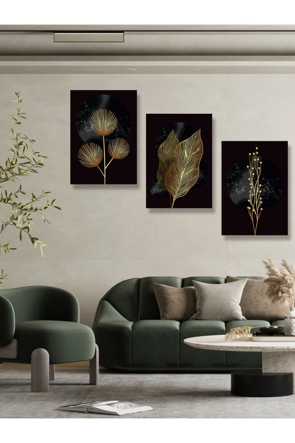 YALOVA SHOP Karanlığı Aydınlatan Minimalist Gold Botanik Tablo Seti ürün görseli 1
