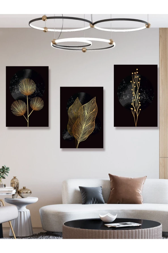 YALOVA SHOP Karanlığı Aydınlatan Minimalist Gold Botanik Tablo Seti - Resim 3