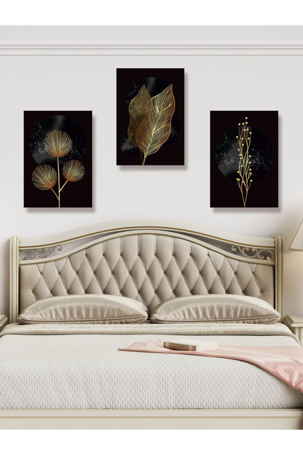 YALOVA SHOP Karanlığı Aydınlatan Minimalist Gold Botanik Tablo Seti - Resim 2