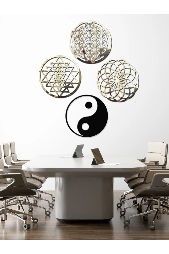 GİZEM SHOP Yaşam Çiçeği,sriyantra,torus Ve Ying Yang 4'lü Set Kutsal Geometrik Şekiller 49x49cm - Resim 2