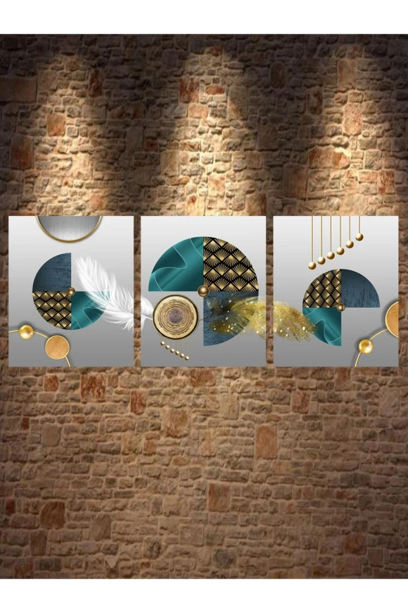 HYL Dekoratif Tek Resim 3 Tablo Setlerimizden Mavinin Farklı Tonlarının Gold Ile Buluşması - Resim 3