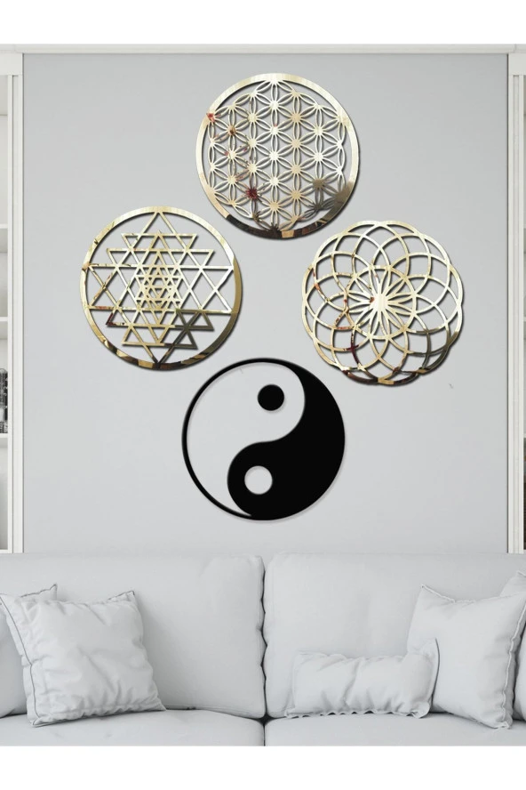GİZEM SHOP Yaşam Çiçeği,sriyantra,torus Ve Ying Yang 4'lü Set Kutsal Geometrik Şekiller 30x30cm - Resim 3