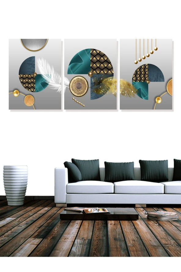 HYL Dekoratif Tek Resim 3 Tablo Setlerimizden Mavinin Farklı Tonlarının Gold Ile Buluşması ürün görseli 1