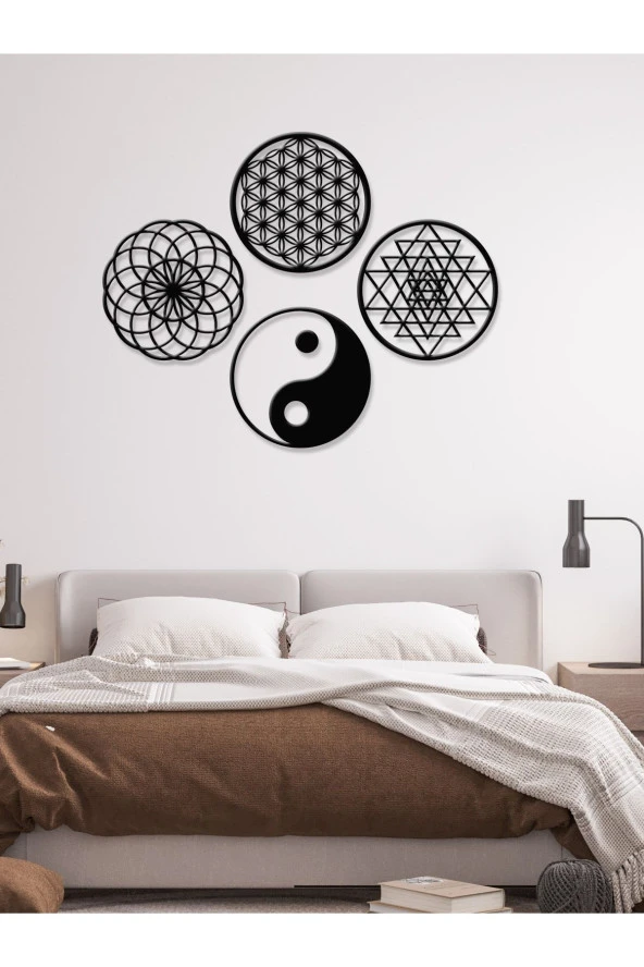 GİZEM SHOP Yaşam Çiçeği,sriyantra,torus Ve Ying Yang 4'lü Set Kutsal Geometrik Şekiller 49x49cm