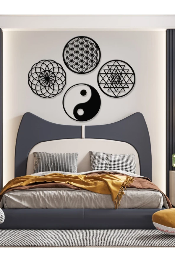 GİZEM SHOP Yaşam Çiçeği,sriyantra,torus Ve Ying Yang 4'lü Set Kutsal Geometrik Şekiller 39x39cm