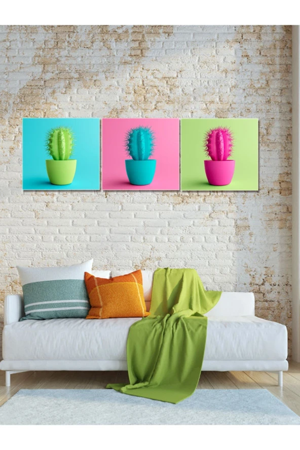 HYL Dekoratif Rengarenk Kaktüs Tabloları (3 Lü Set) - Resim 3