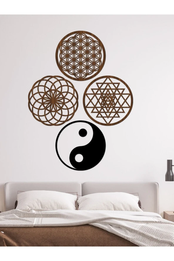 GİZEM SHOP Yaşam Çiçeği,sriyantra,torus Ve Ying Yang 4'lü Set Kutsal Geometrik Şekiller 30x30cm