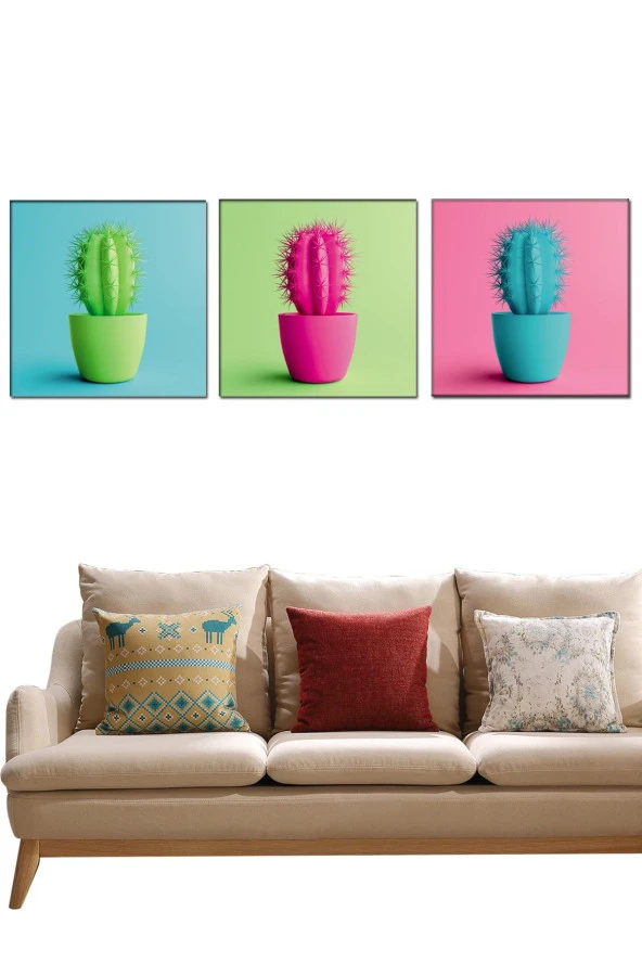 HYL Dekoratif Rengarenk Kaktüs Tabloları (3 Lü Set) - Resim 2