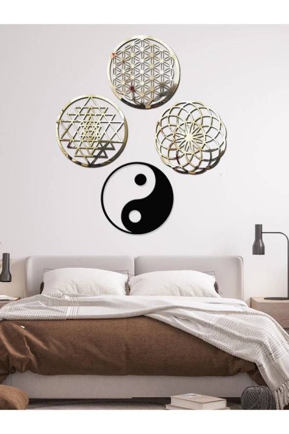 GİZEM SHOP Yaşam Çiçeği,sriyantra,torus Ve Ying Yang 4'lü Set Kutsal Geometrik Şekiller 49x49cm - Resim 4