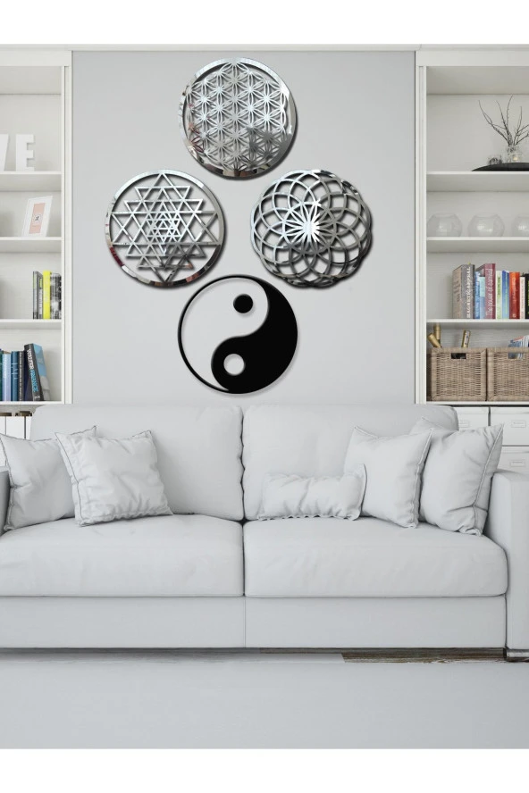 GİZEM SHOP Yaşam Çiçeği,sriyantra,torus Ve Ying Yang 4'lü Set Kutsal Geometrik Şekiller 49x49cm - 2