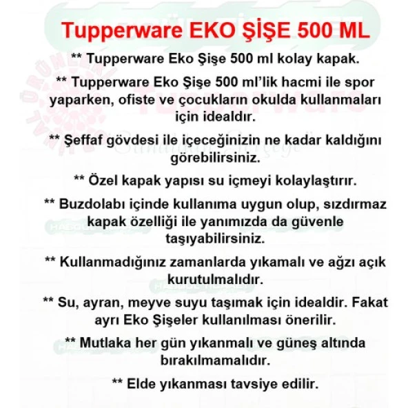 Tupperware Eko Şişe 500 ml Suluk Matara Water Bottle Turuncu - Resim 2