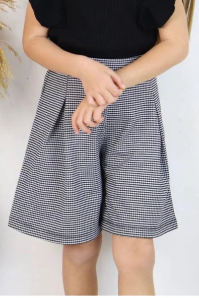 Kız Çocuk Kareli Bol Dokuma Kapri Kolları Fırfırlı Fitilli Kumaş Siyah Bluz Şortlu Takım - Resim 3