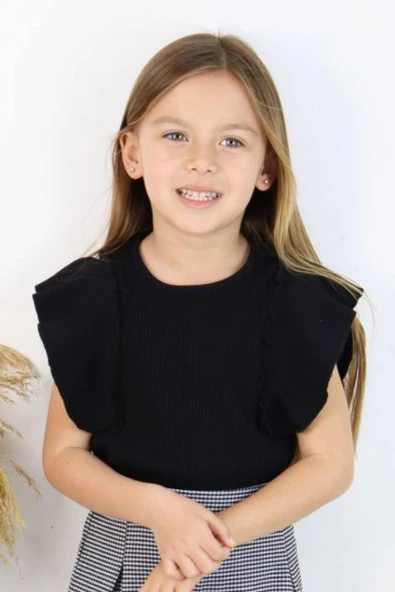 Kız Çocuk Kareli Bol Dokuma Kapri Kolları Fırfırlı Fitilli Kumaş Siyah Bluz Şortlu Takım - Resim 2