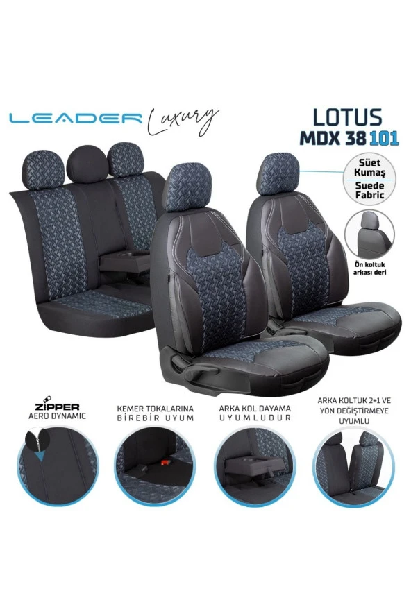 Ford Focus 1  Lotus Ön Koltuk Arkası Deri Oto Kılıfı Fermuarlı Süet Siyah Nakış Beyaz