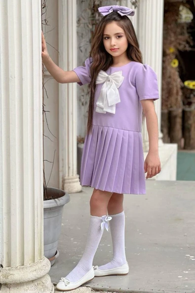 Kız Çocuk Göğsü Fiyonk Detaylı Eteği Pliseli Lila Elbise - Resim 7