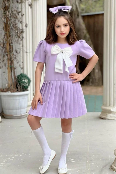 Kız Çocuk Göğsü Fiyonk Detaylı Eteği Pliseli Lila Elbise - Resim 5