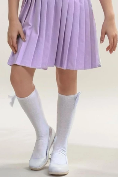 Kız Çocuk Göğsü Fiyonk Detaylı Eteği Pliseli Lila Elbise - Resim 3