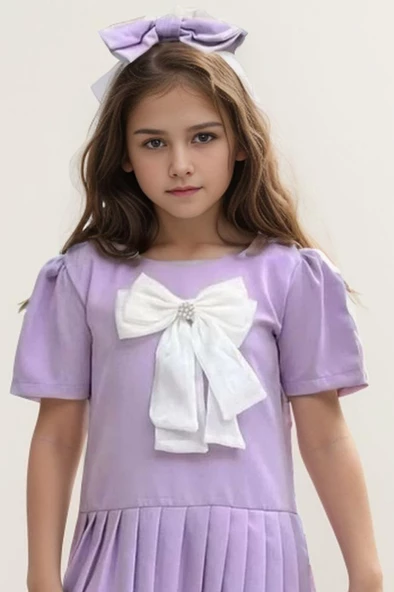 Kız Çocuk Göğsü Fiyonk Detaylı Eteği Pliseli Lila Elbise - Resim 2