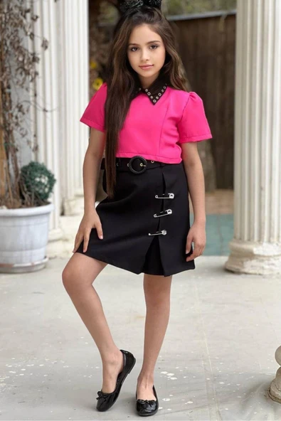 Kız Çocuk Yırtmaç ve Önü Çengel Detaylı Etek Gömlek Yaka Kısa Kollu Fuşya Tişört Etekli Takım - 6
