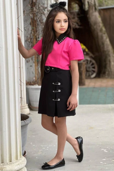 Kız Çocuk Yırtmaç ve Önü Çengel Detaylı Etek Gömlek Yaka Kısa Kollu Fuşya Tişört Etekli Takım - 7