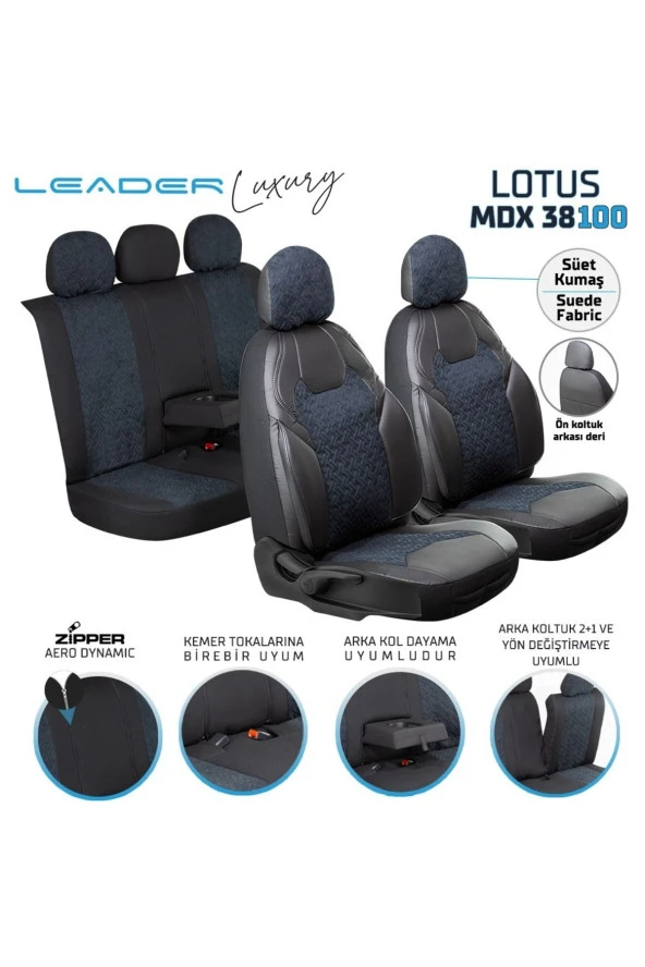 Ford Focus 4 Lotus Ön Koltuk Arkası Deri Oto Kılıfı Fermuarlı Süet Siyah - 1
