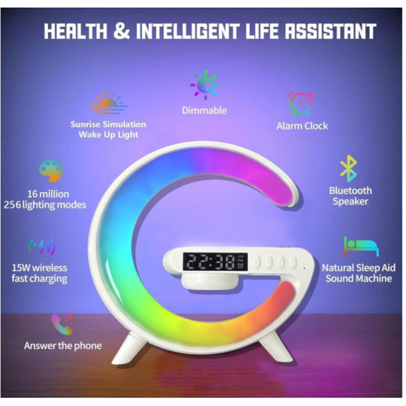 15W G Şekli LED Kablosuz Şarj Özellikli Hoparlör Renk Değiştirme Çalar Saat Şarj Standı Hoparlör - 2