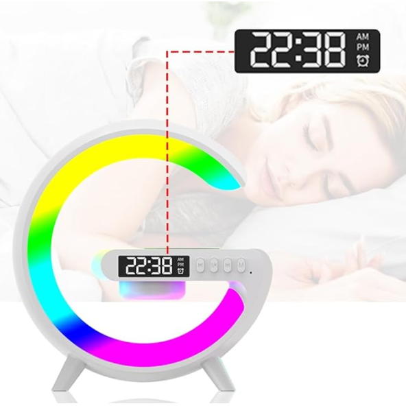 15W G Şekli LED Kablosuz Şarj Özellikli  Hoparlör Renk Değiştirme Çalar Saat Şarj Standı Hoparlör - 4