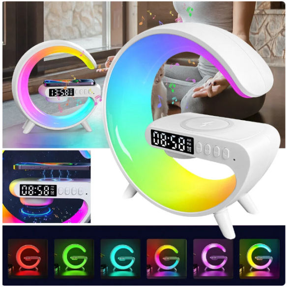 15W G Şekli LED Kablosuz Şarj Özellikli Hoparlör Renk Değiştirme Çalar Saat Şarj Standı Hoparlör - 5