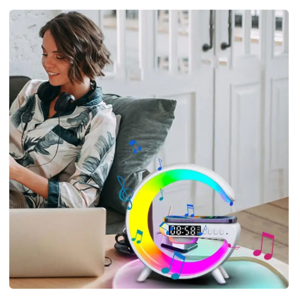 15W G Şekli LED Kablosuz Şarj Özellikli Hoparlör Renk Değiştirme Çalar Saat Şarj Standı Hoparlör - 6