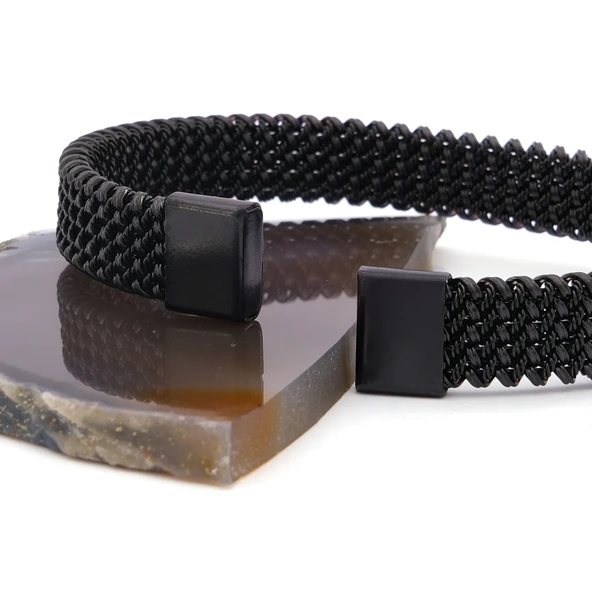 316L Çelik Siyah Halat Model Erkek Kelepçe Bileklik EBLK-414 - Resim 4