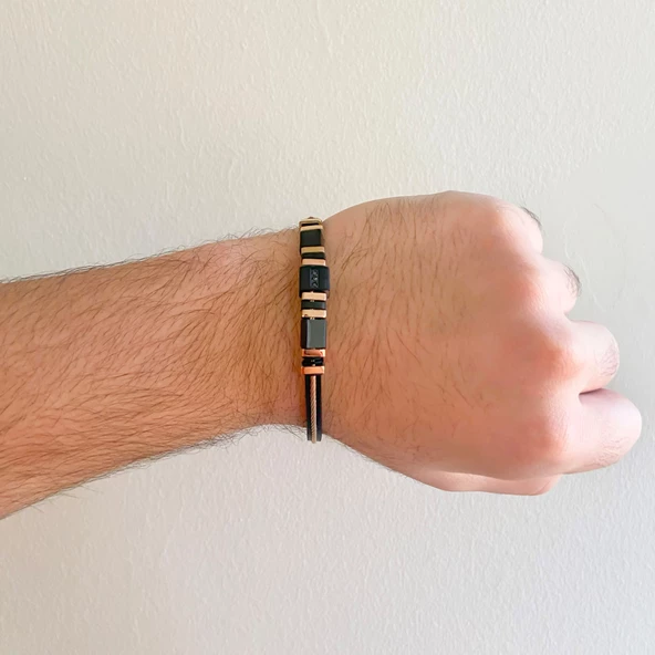 Altın Kaplama Deri Siyah Erkek Bileklik EBLK-336 - Resim 2