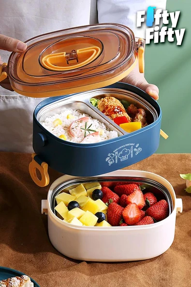 Vagonlife 1200 ML İki Kat Üç Bölme Paslanmaz Çelik Bento Lunch Box Yeni Nesil Sefer Tası-ÇatallıKaşık-FFLBOX50251 - 6